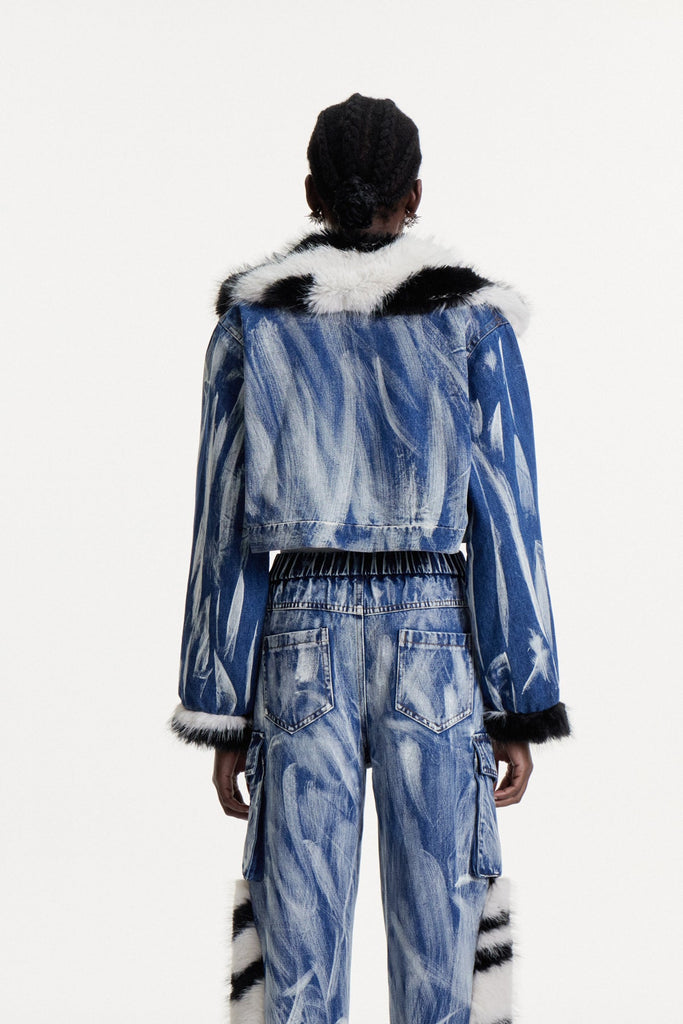 Colombe Print Faux Fur Denim Jacket - Stylish beautiful dress for special occasions | Buy Online