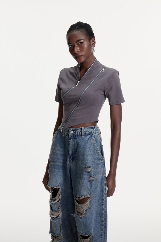 Colt Deconstruct Zipper T Shirt In Grey - Stylish beautiful dress for special occasions | Buy Online