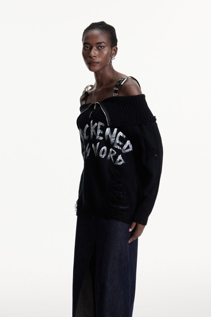 Shop  black dress - Perfect for special occasions | Conlaoch Off Shoulder Fringe Knit Top In Black