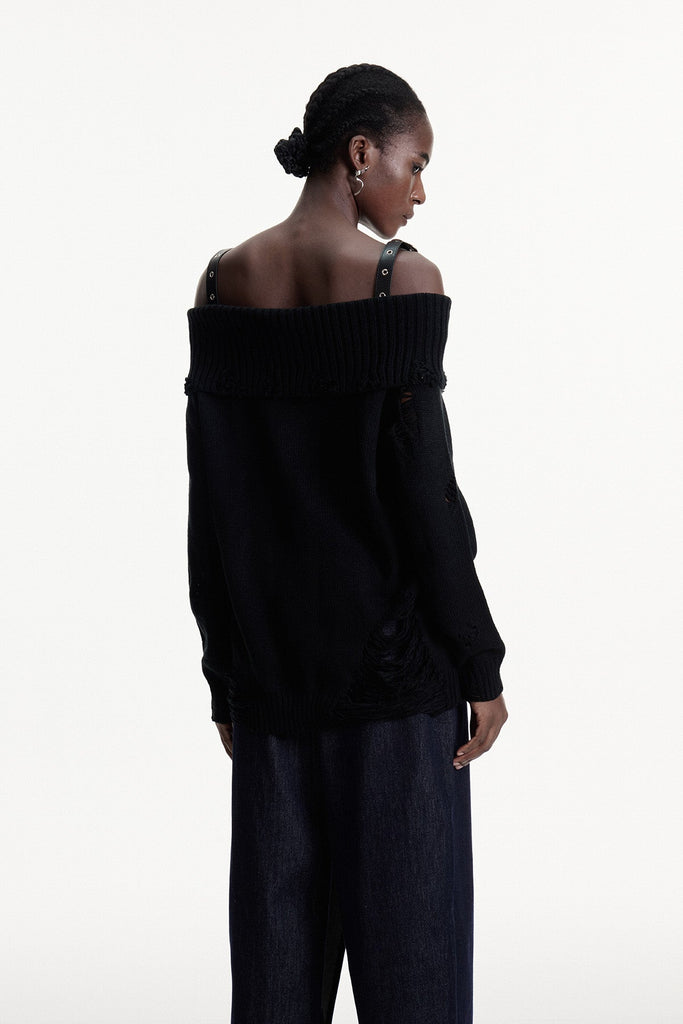 Conlaoch Off Shoulder Fringe Knit Top In Black - Stylish black dress for special occasions | Buy Online