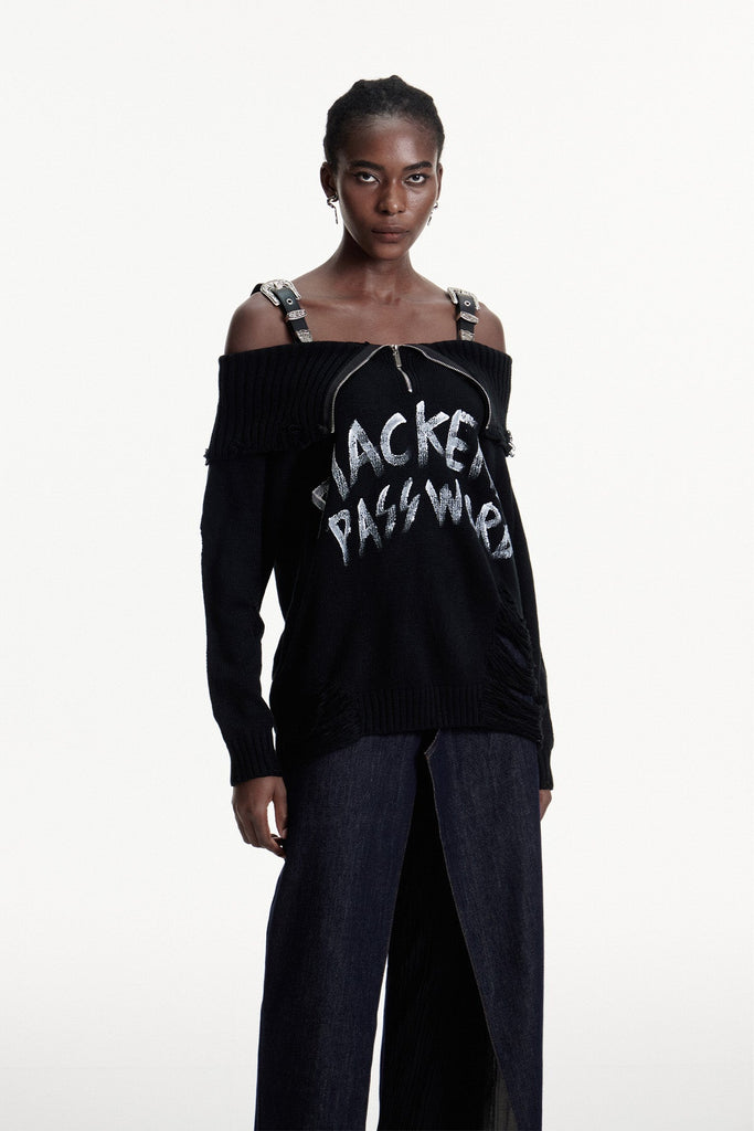 Shop  black dress - Perfect for special occasions | Conlaoch Off Shoulder Fringe Knit Top In Black