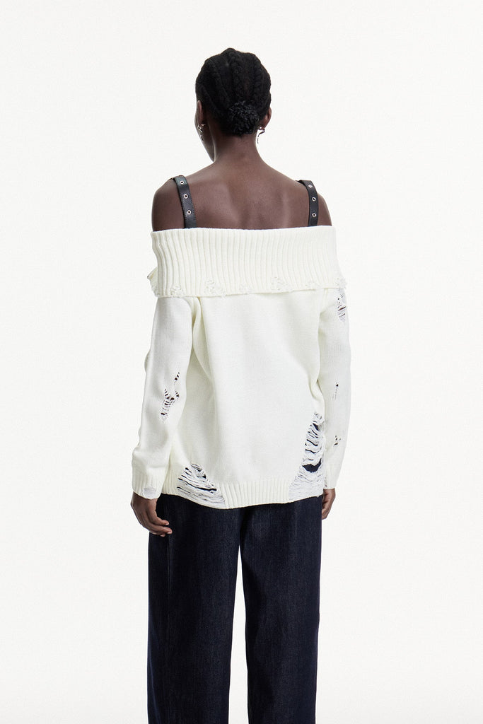 Conlaoch Off Shoulder Fringe Knit Top In White - Stylish white dress for special occasions | Buy Online