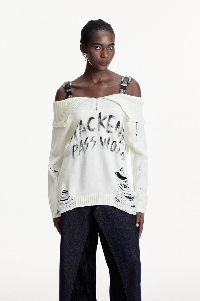 Conlaoch Off Shoulder Fringe Knit Top In White - Stylish white dress for special occasions | Buy Online