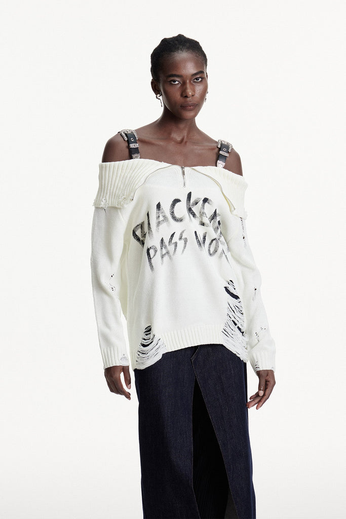 Conlaoch Off Shoulder Fringe Knit Top In White - Stylish white dress for special occasions | Buy Online