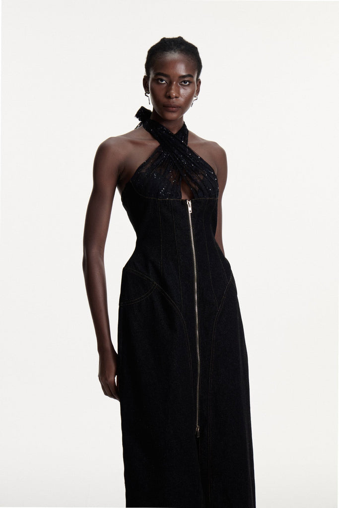 Stylish beautiful dress | Connell Sequin Halter Neck Denim Maxi Dress - Ideal for special occasions
