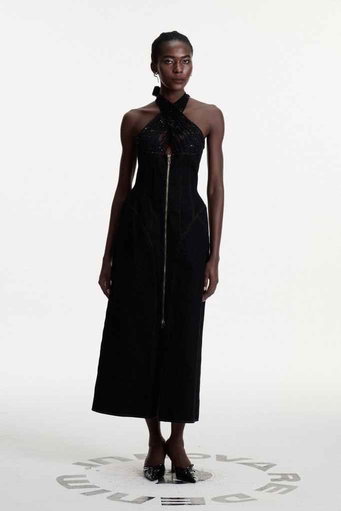 Connell Sequin Halter Neck Denim Maxi Dress - Stylish beautiful dress for special occasions | Buy Online