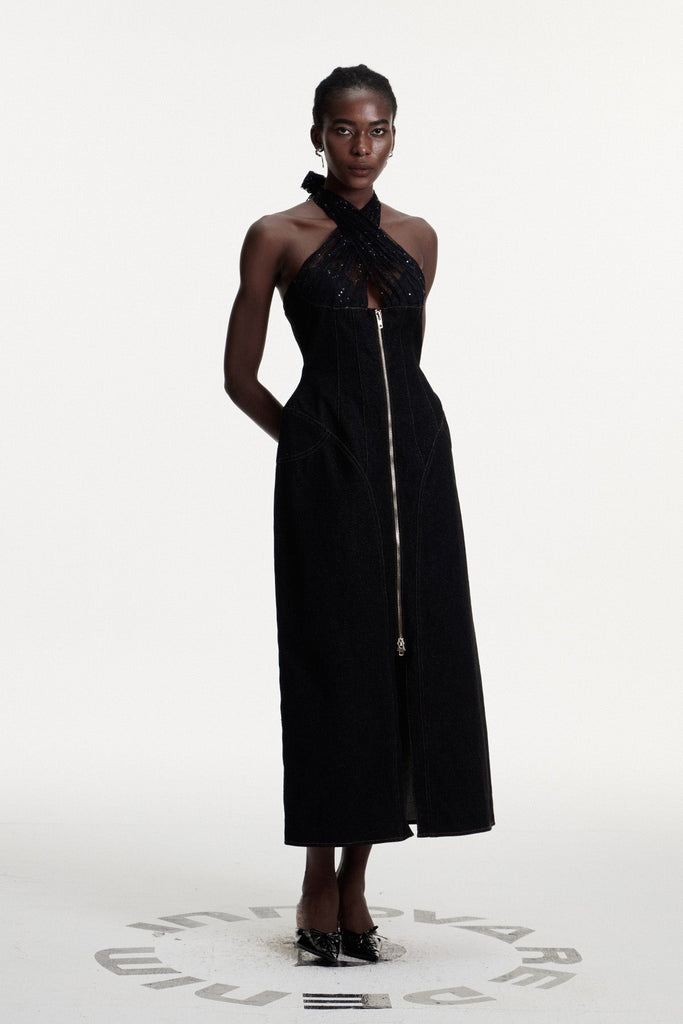 Connell Sequin Halter Neck Denim Maxi Dress - Stylish beautiful dress for special occasions | Buy Online