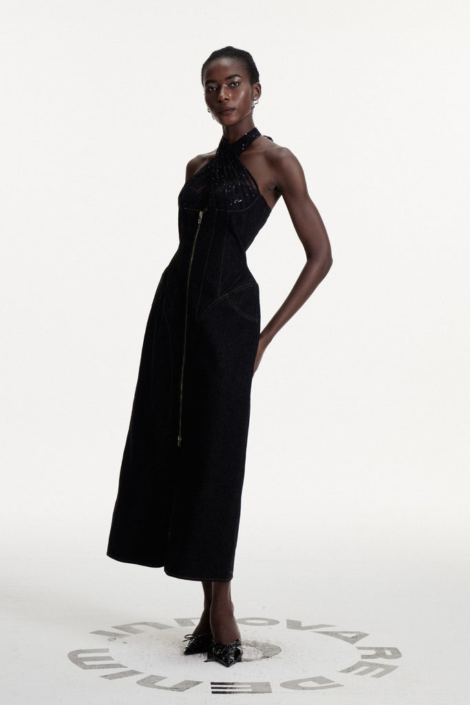 Connell Sequin Halter Neck Denim Maxi Dress - Stylish beautiful dress for special occasions | Buy Online