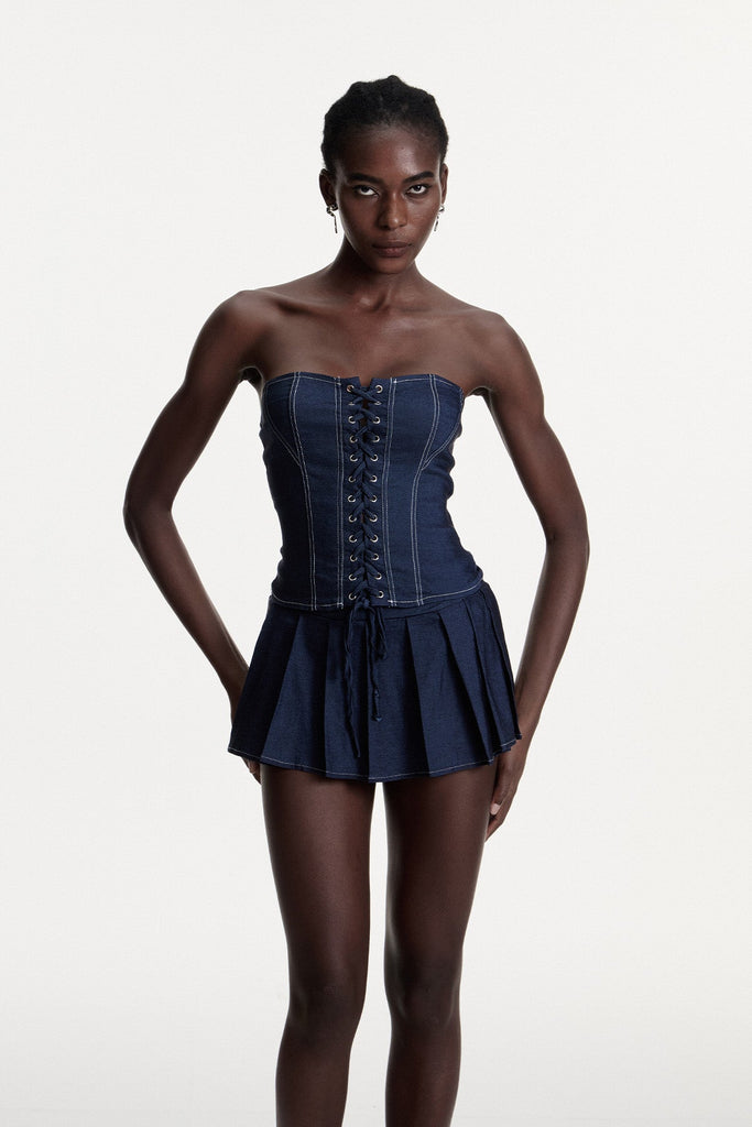 Conor Lace Up Strapless Denim Skirt Set - Stylish beautiful dress for special occasions | Buy Online