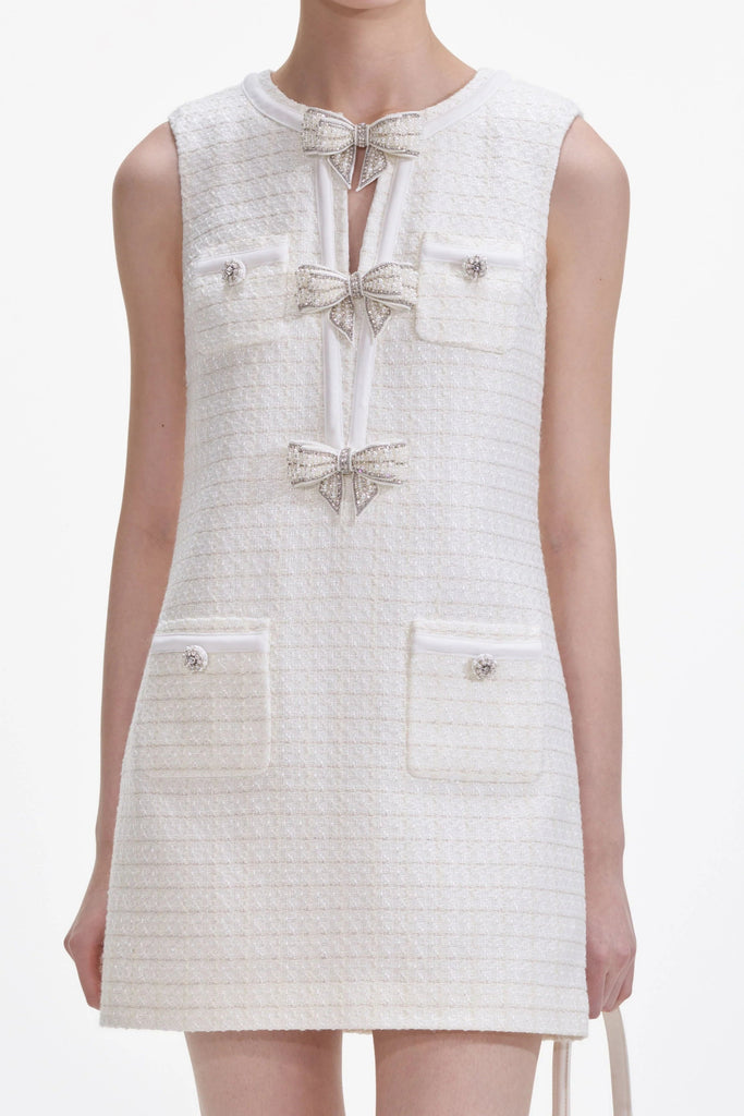 Cream Boucle Bow Mini Dress - Stylish beautiful dress for special occasions | Buy Online
