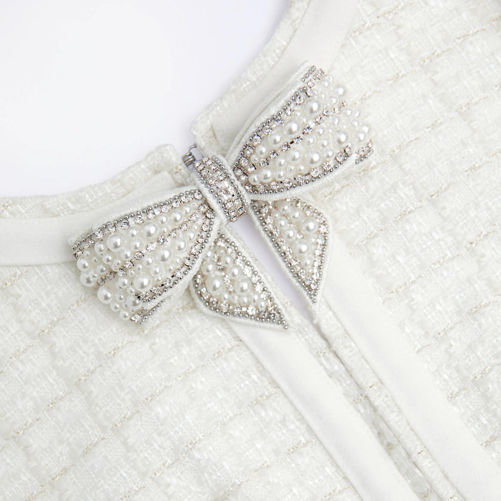 Cream Boucle Bow Mini Dress - Stylish beautiful dress for special occasions | Buy Online