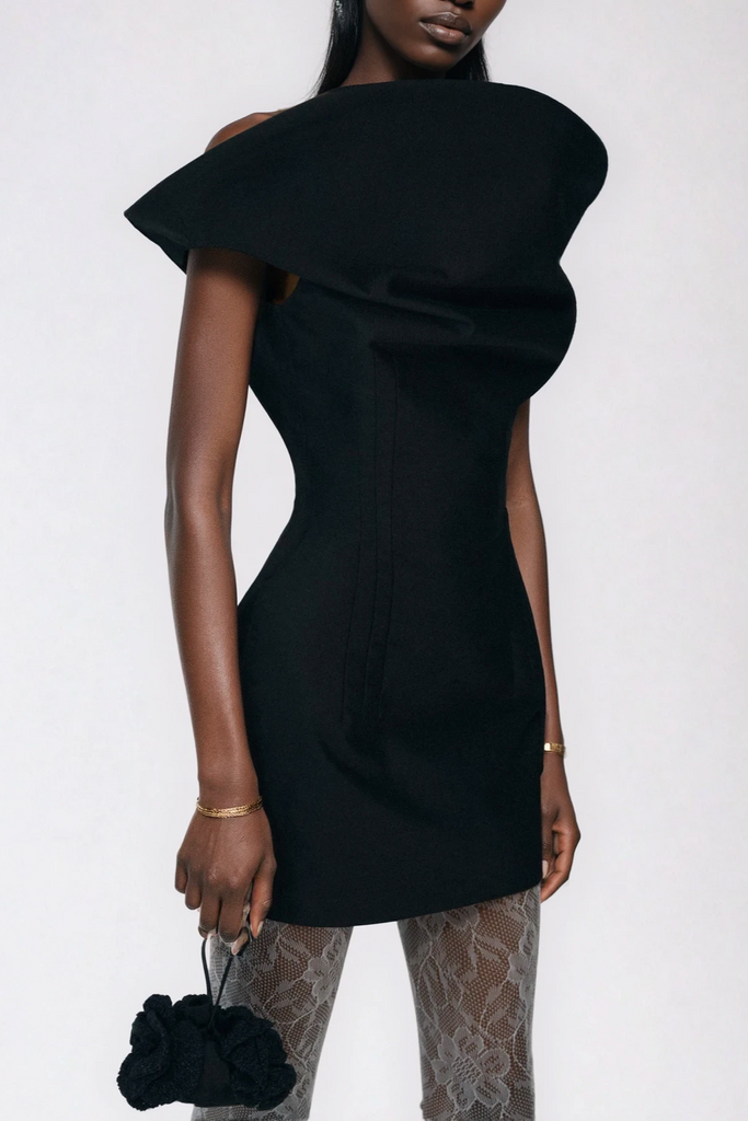 Crina Deconstruct Asymmetric Mini Dress In Black - Stylish black dress for special occasions | Buy Online