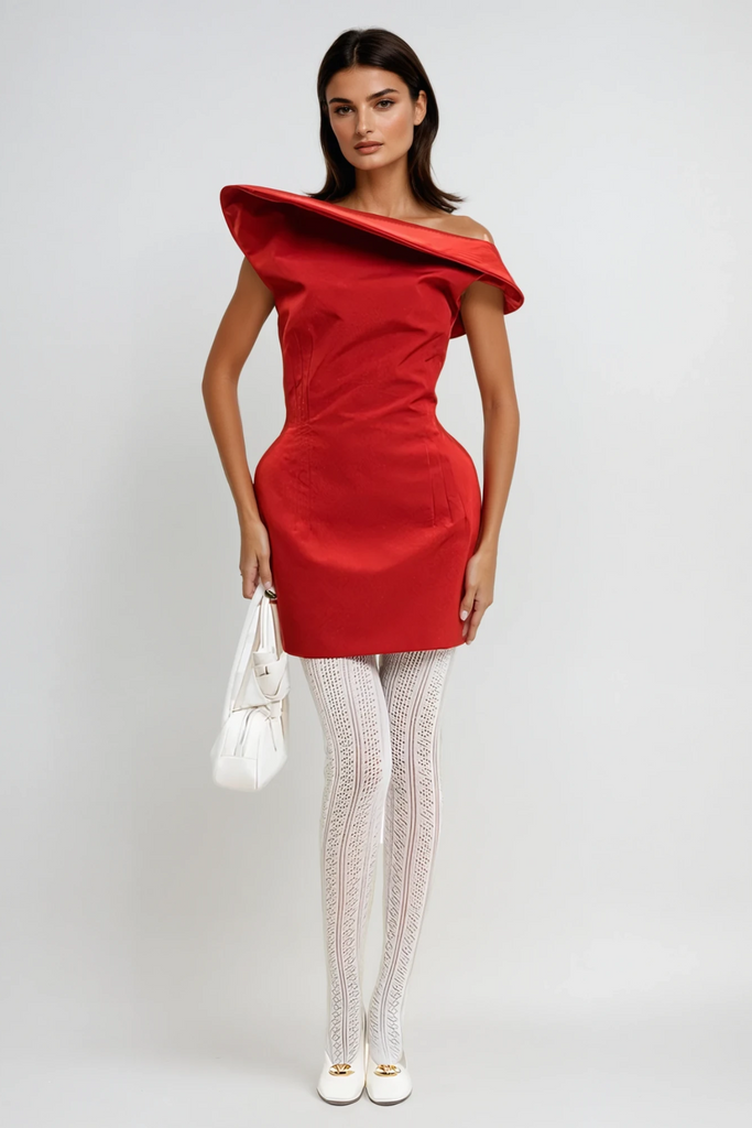 Crina Deconstruct Asymmetric Mini Dress In Red - Stylish red dress for special occasions | Buy Online