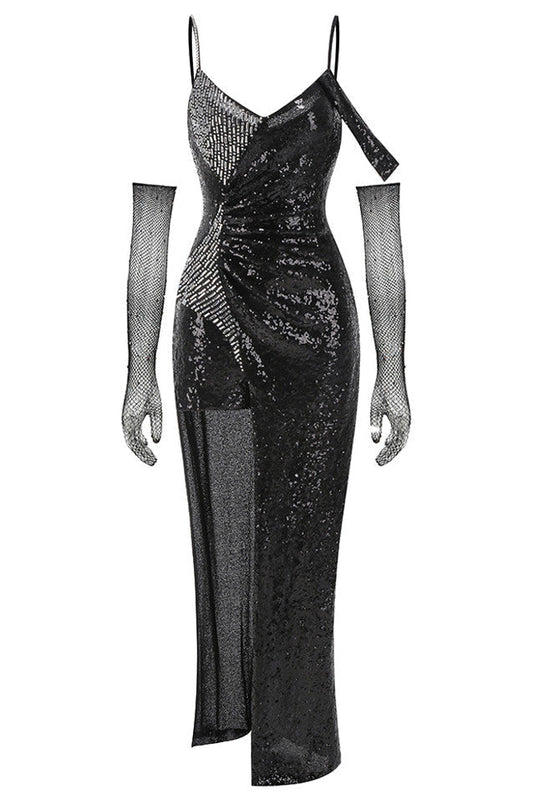 ashley sequin strap maxi dress in black