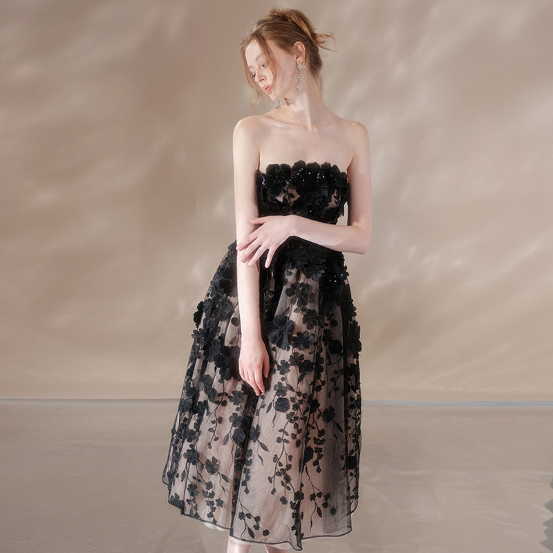 Stylish black dress | roxanne crystal floral embroidery midi dress in black - Ideal for special occasions