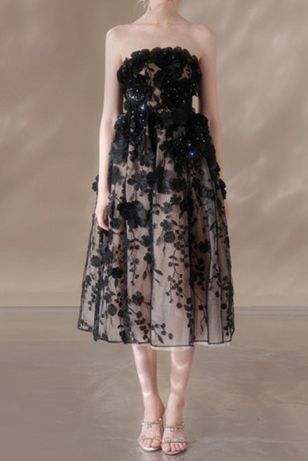 roxanne crystal floral embroidery midi dress in black
