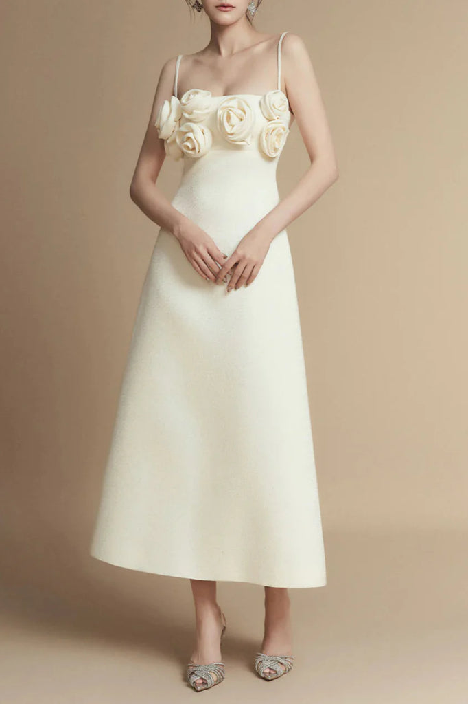 Stylish beautiful dress | A-line Flower Applique Linen Rayon Midi Dress - Ideal for special occasions