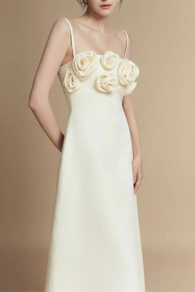 Stylish beautiful dress | A-line Flower Applique Linen Rayon Midi Dress - Ideal for special occasions