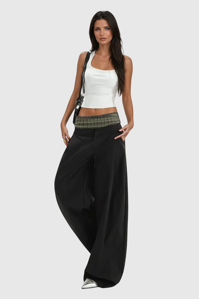 Dado Grid Wide Leg Pants In Black - Stylish black dress for special occasions | Buy Online