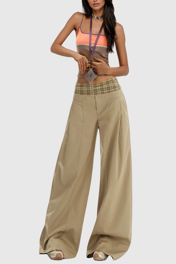 Dado Grid Wide Leg Pants In Khaki - Stylish beautiful dress for special occasions | Buy Online