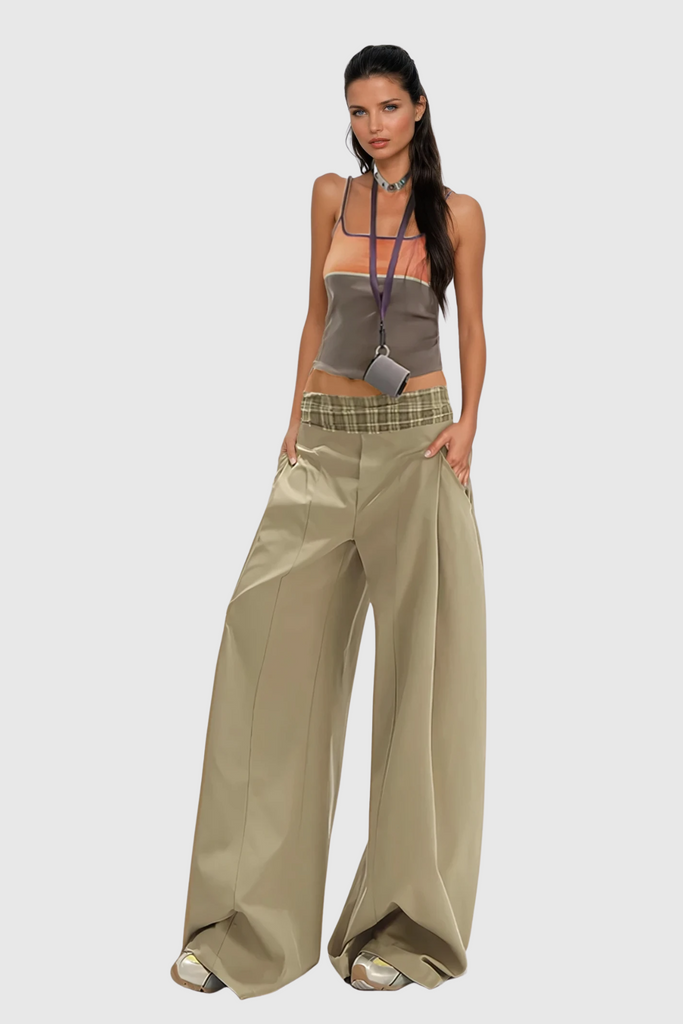 Shop  beautiful dress - Perfect for special occasions | Dado Grid Wide Leg Pants In Khaki