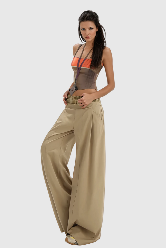 Shop  beautiful dress - Perfect for special occasions | Dado Grid Wide Leg Pants In Khaki