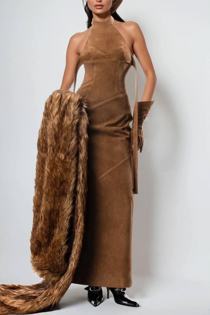Dafna Halter Neck Suede Maxi Dress - Stylish beautiful dress for special occasions | Buy Online