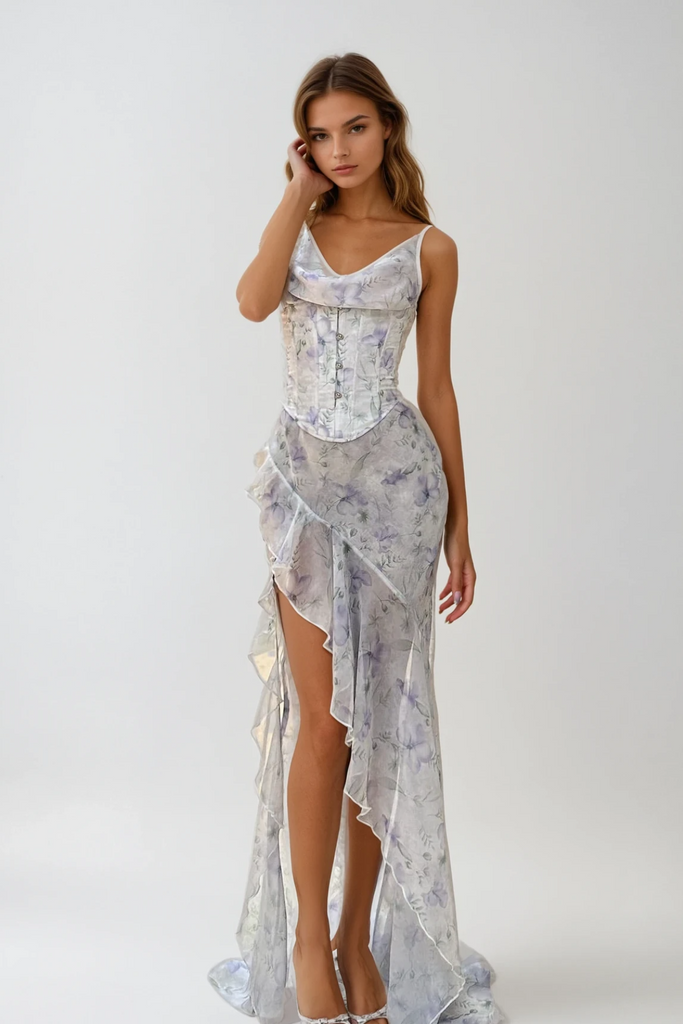 Shop  beautiful dress - Perfect for special occasions | Dafydd Cowl Neck Asymmetric Ruffle Maxi Dress