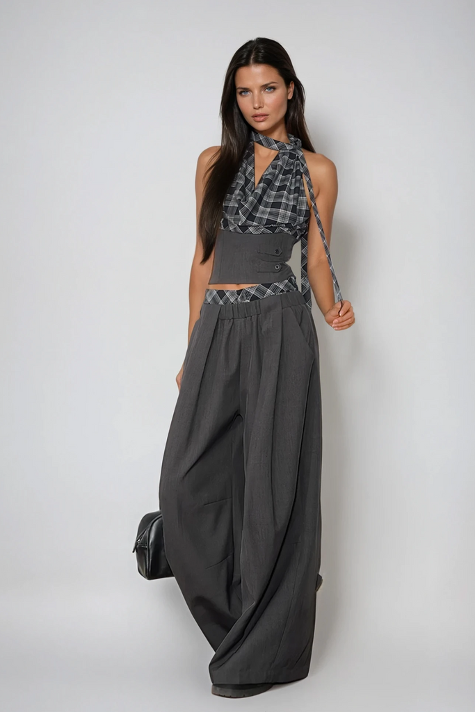 Stylish beautiful dress | Dagon Grid Wide Leg Pants Set - Ideal for special occasions