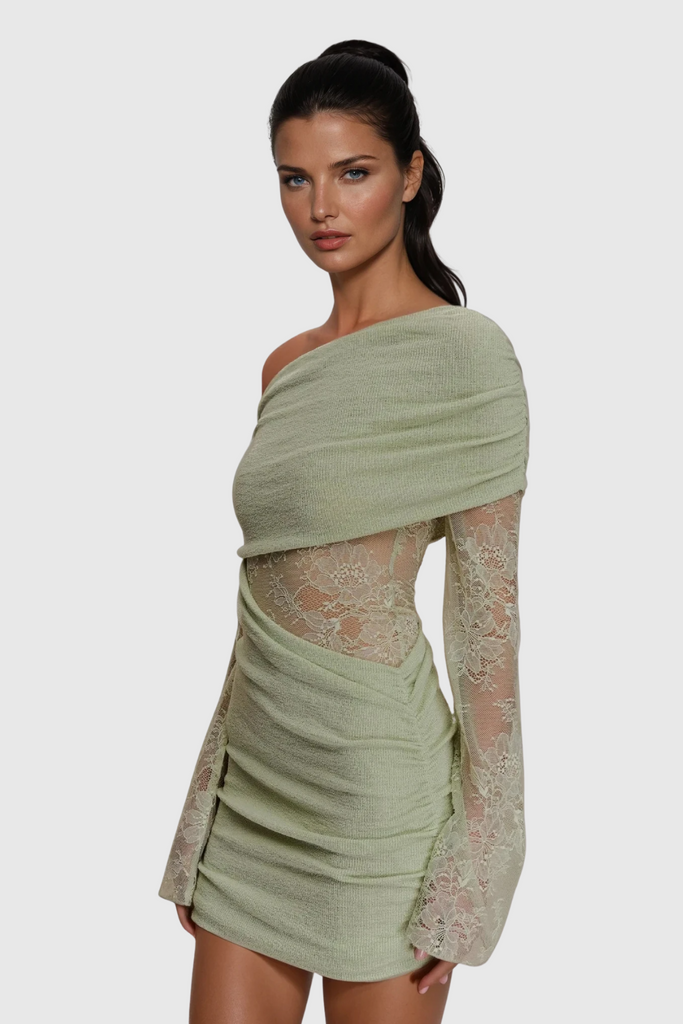 Dagrun Knit Ruch Lace Mini Dress - Stylish beautiful dress for special occasions | Buy Online