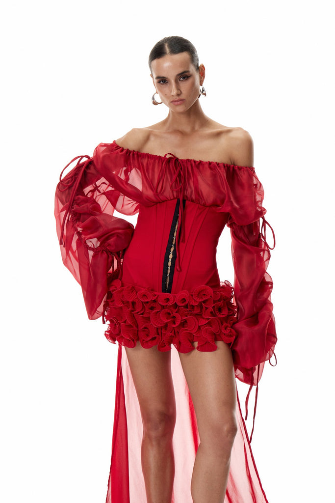 Dainius Off Shoulder Corset Ruffle Mini Dress In Red - Stylish red dress for special occasions | Buy Online