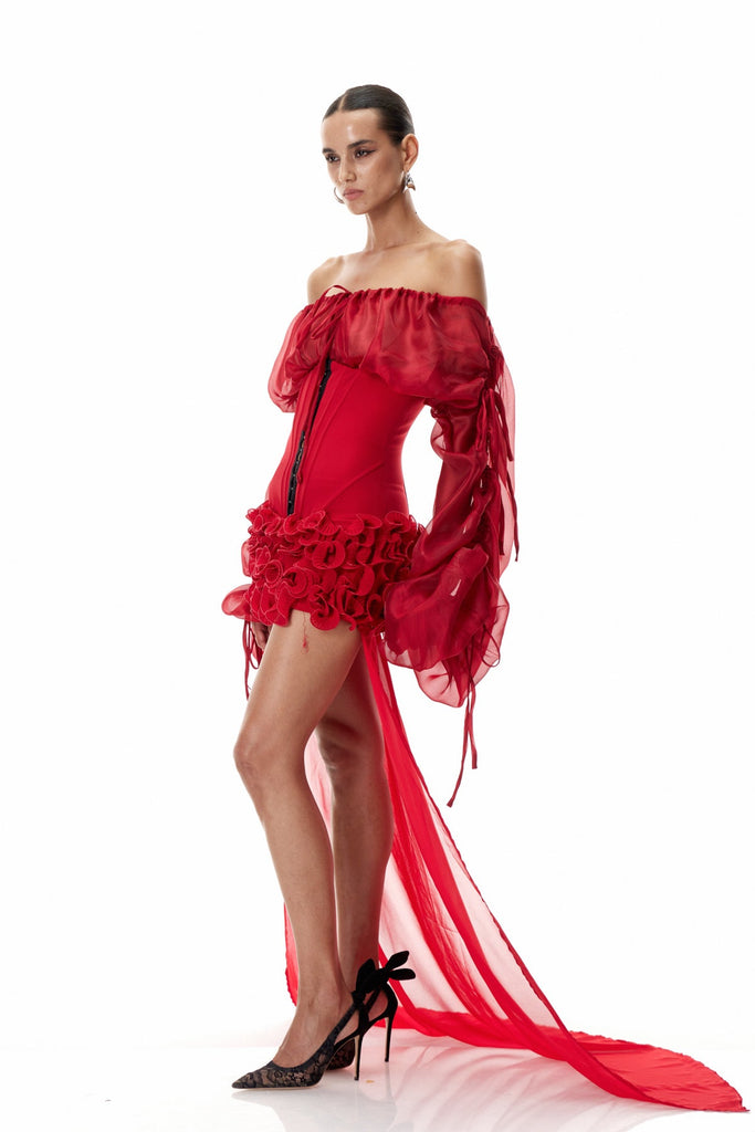 Dainius Off Shoulder Corset Ruffle Mini Dress In Red - Stylish red dress for special occasions | Buy Online