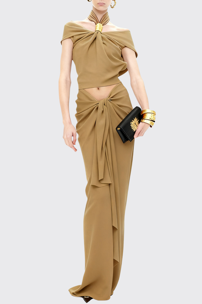 Shop  beautiful dress - Perfect for special occasions | katherine Halter Twisted Skirt Two Piece Set - Khaki