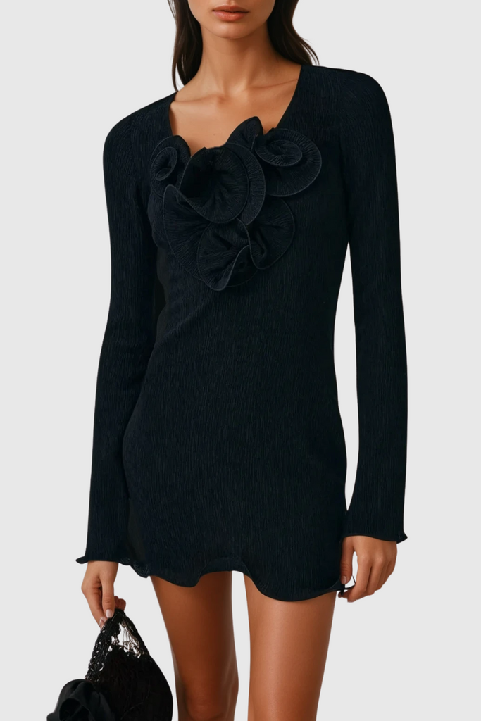 Shop  black dress - Perfect for special occasions | Dale Flower Ruffle Mini Dress In Black