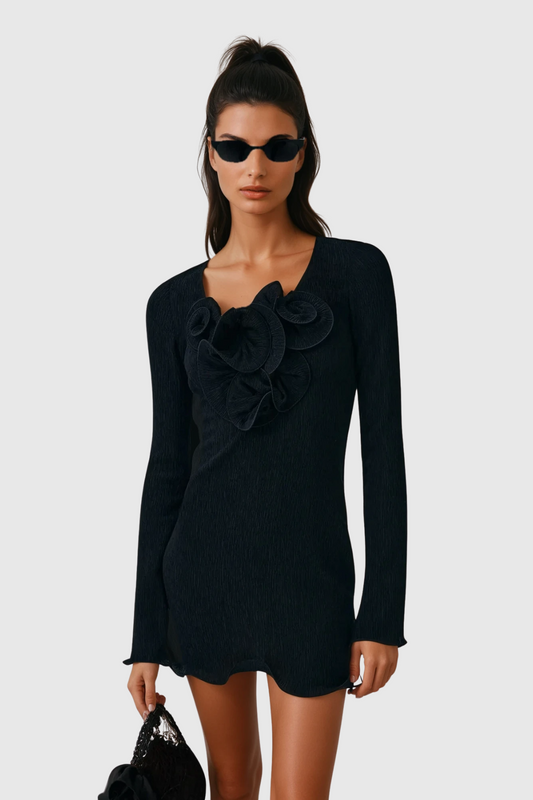 Dale Flower Ruffle Mini Dress In Black