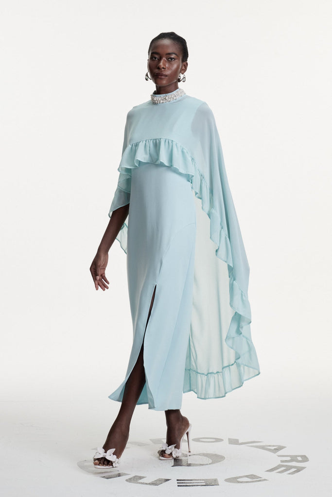 Damarion Pearl Ruffle Shawl Maxi Dress - Stylish beautiful dress for special occasions | Buy Online