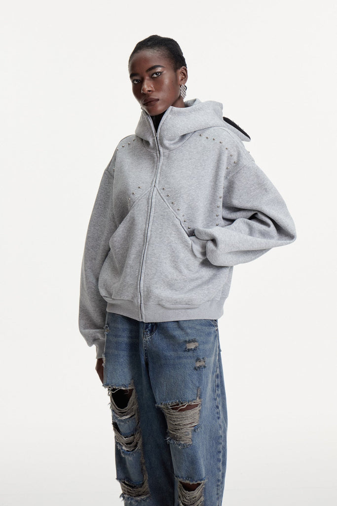 Damianus Embellished Hooded Jacket In Grey - Stylish beautiful dress for special occasions | Buy Online