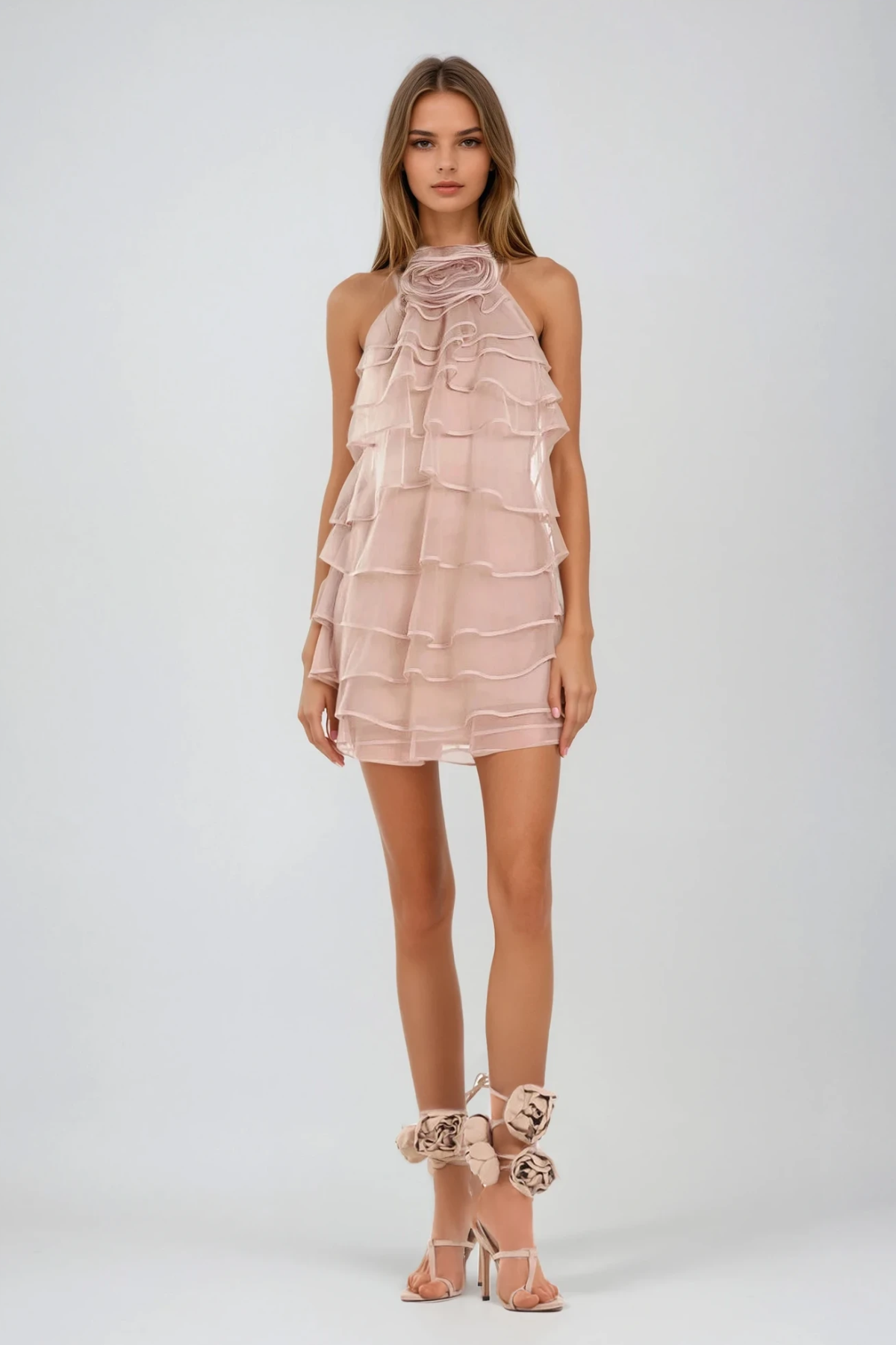 Damion Flower Halter Neck Mesh Mini Dress