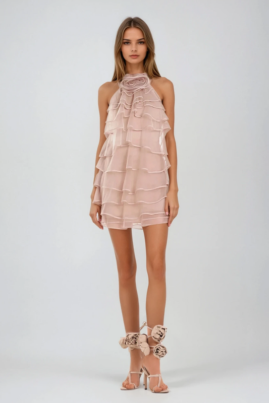 Damion Flower Halter Neck Mesh Mini Dress