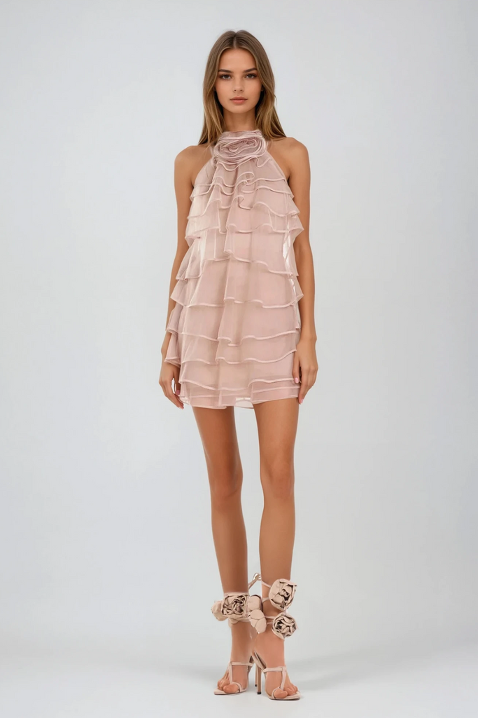 Damion Flower Halter Neck Mesh Mini Dress - Stylish beautiful dress for special occasions | Buy Online