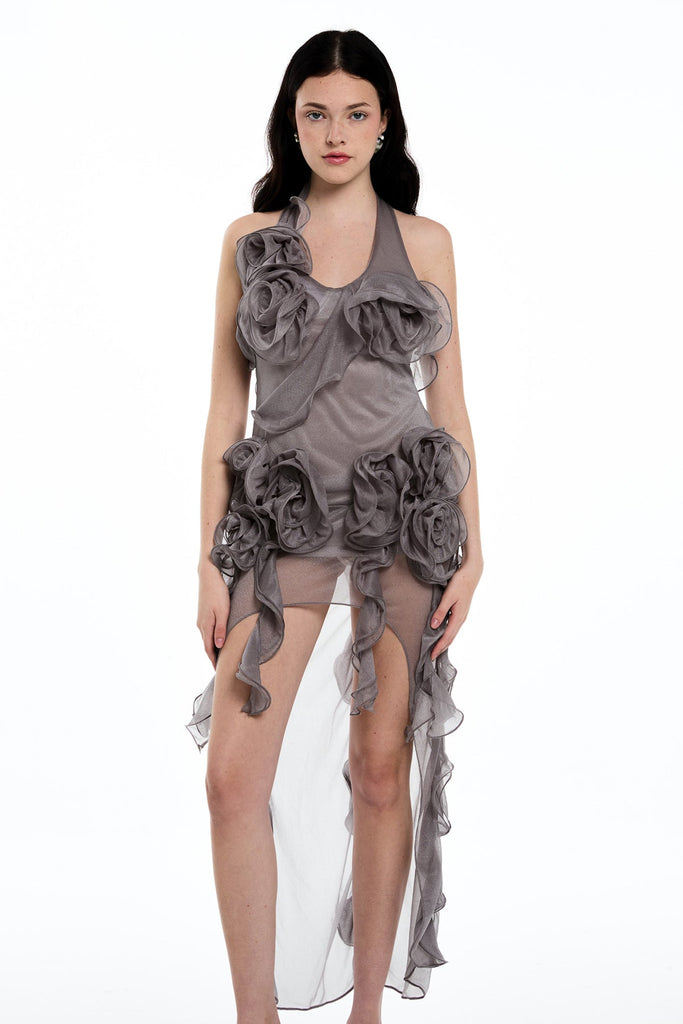 Stylish beautiful dress | Damir Flower Backless Mesh Mini Dress In Grey - Ideal for special occasions