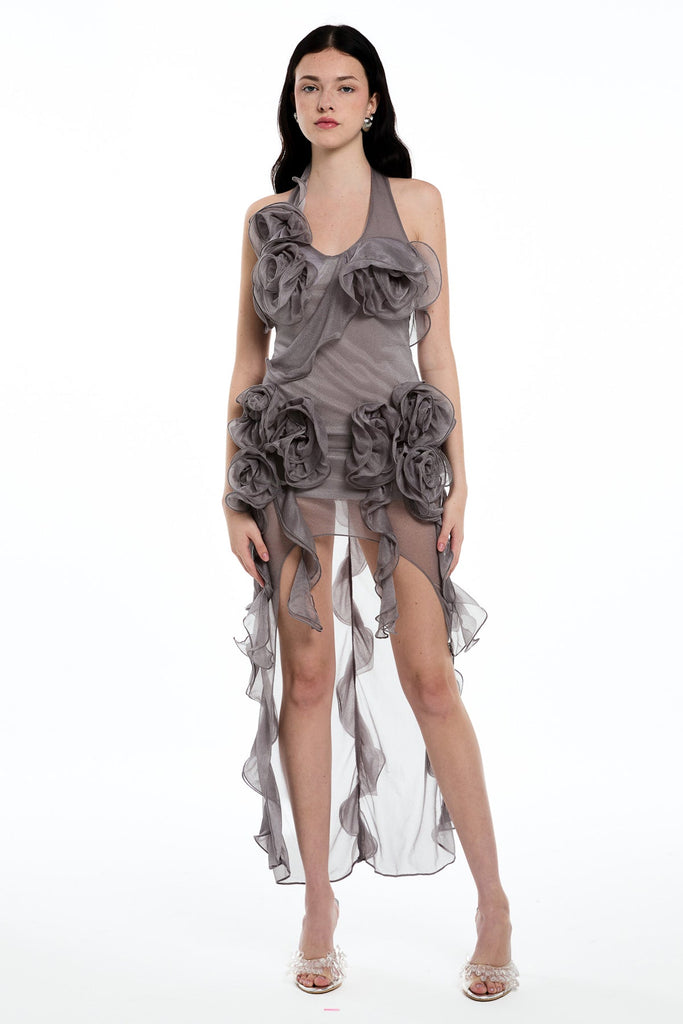 Stylish beautiful dress | Damir Flower Backless Mesh Mini Dress In Grey - Ideal for special occasions
