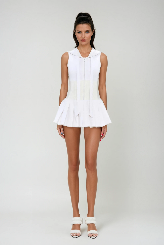 Shop  white dress - Perfect for special occasions | Damodar Sleeveless Hooded Ruch Mini Dress In White