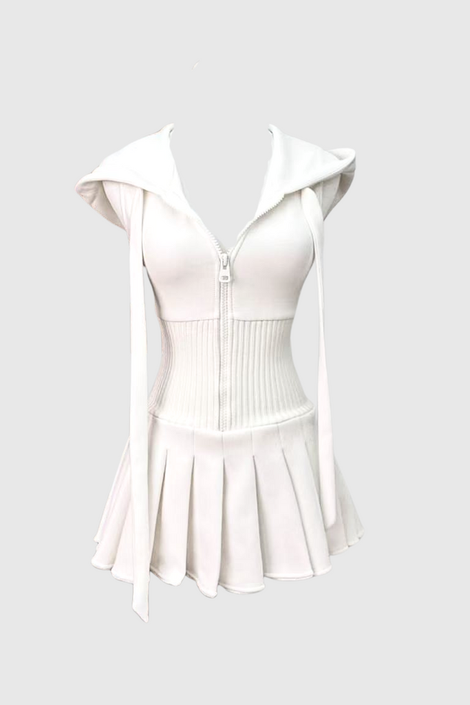 Damodar Sleeveless Hooded Ruch Mini Dress In White - Stylish white dress for special occasions | Buy Online