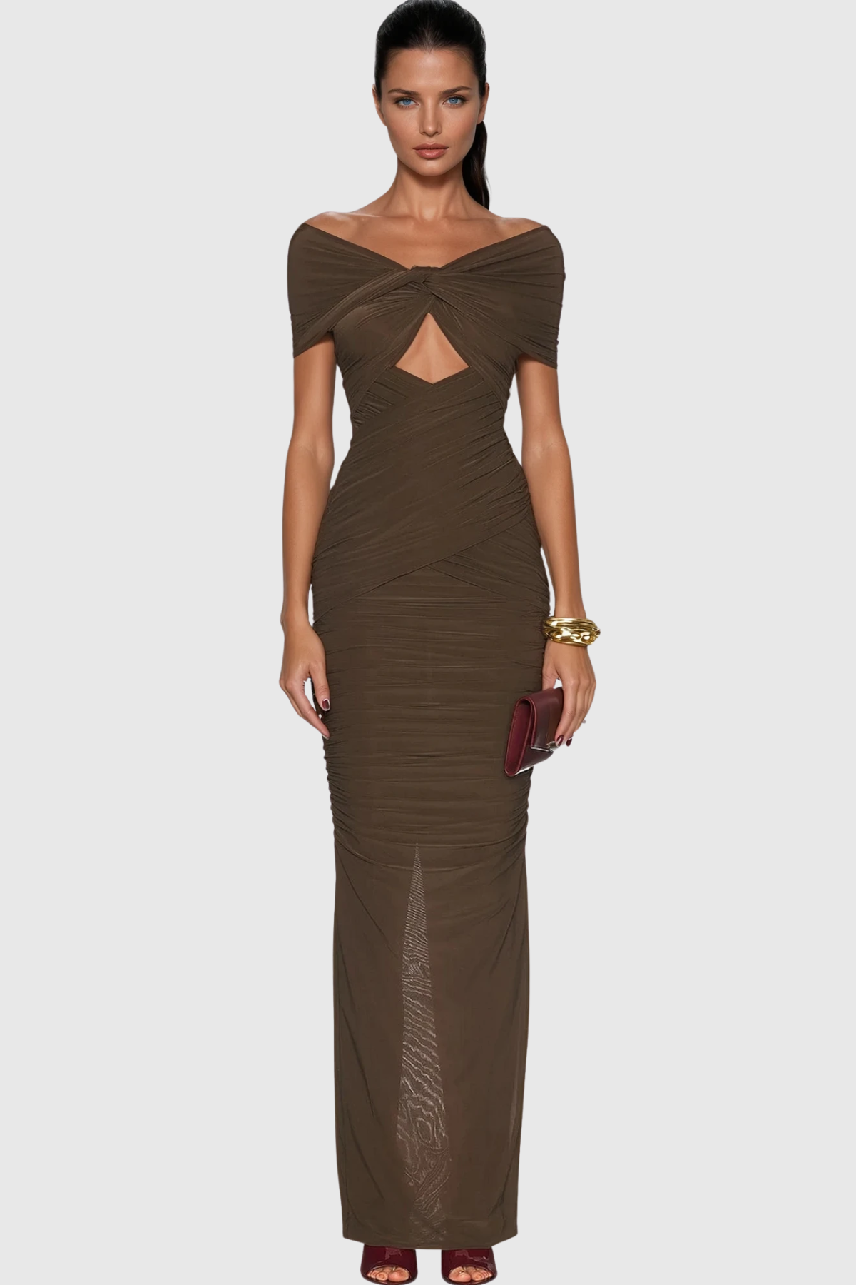 Danai Cutout Ruch Maxi Dress In Brown
