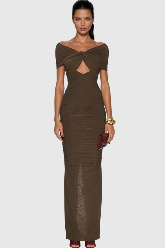 Danai Cutout Ruch Maxi Dress In Brown