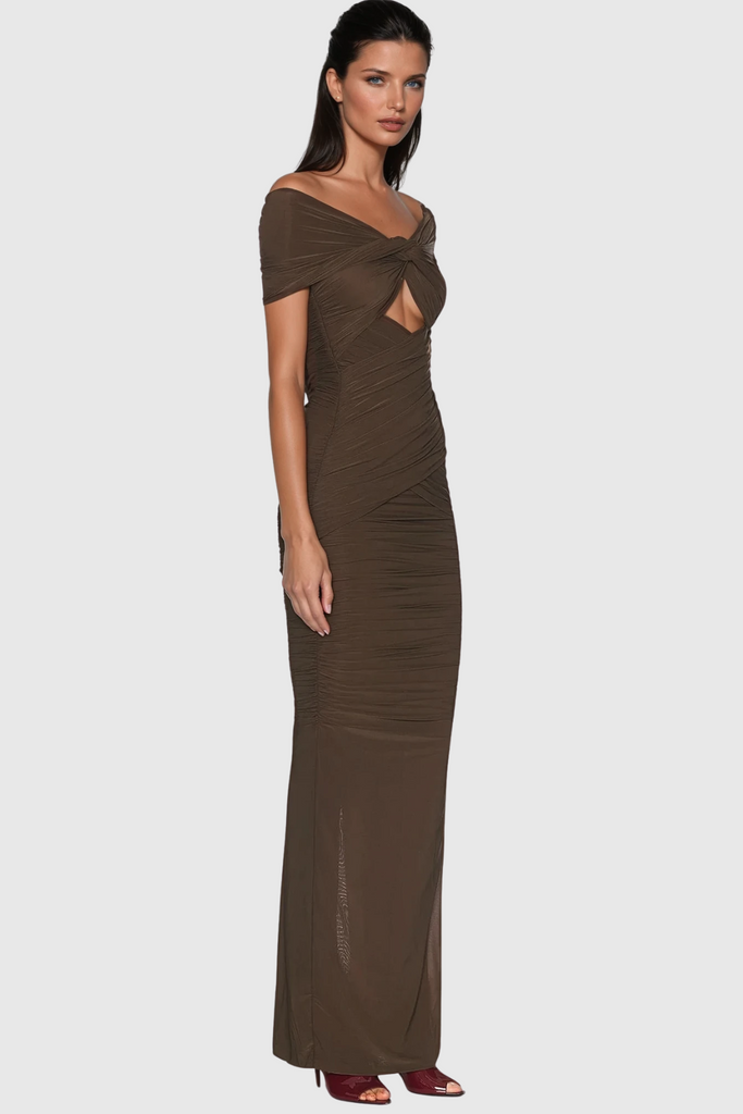 Shop  brown dress - Perfect for special occasions | Danai Cutout Ruch Maxi Dress In Brown