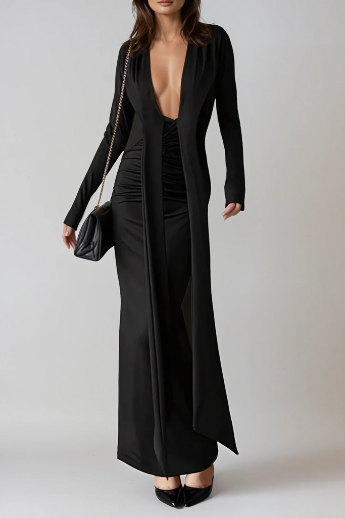 Dand Plunge Fringe Maxi Dress In Black - Stylish black dress for special occasions | Buy Online
