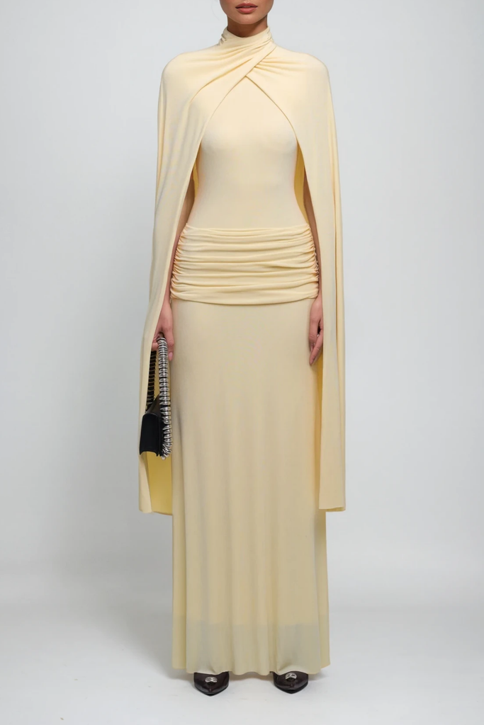 Shop  yellow dress - Perfect for special occasions | Danielius Bodycon Ruch Shawl Maxi Dress In Butter Yellow
