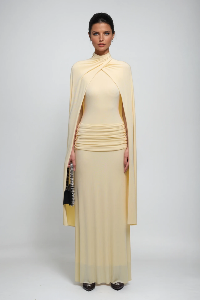 Stylish yellow dress | Danielius Bodycon Ruch Shawl Maxi Dress In Butter Yellow - Ideal for special occasions
